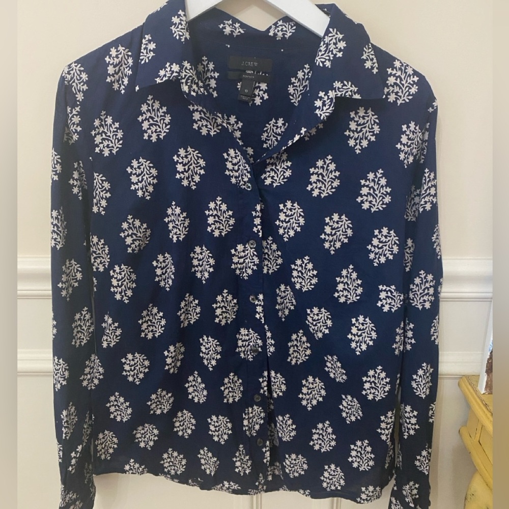 J. Crew Dark Blue and White Floral Shirt Button Down Size 10 Perfect Fit